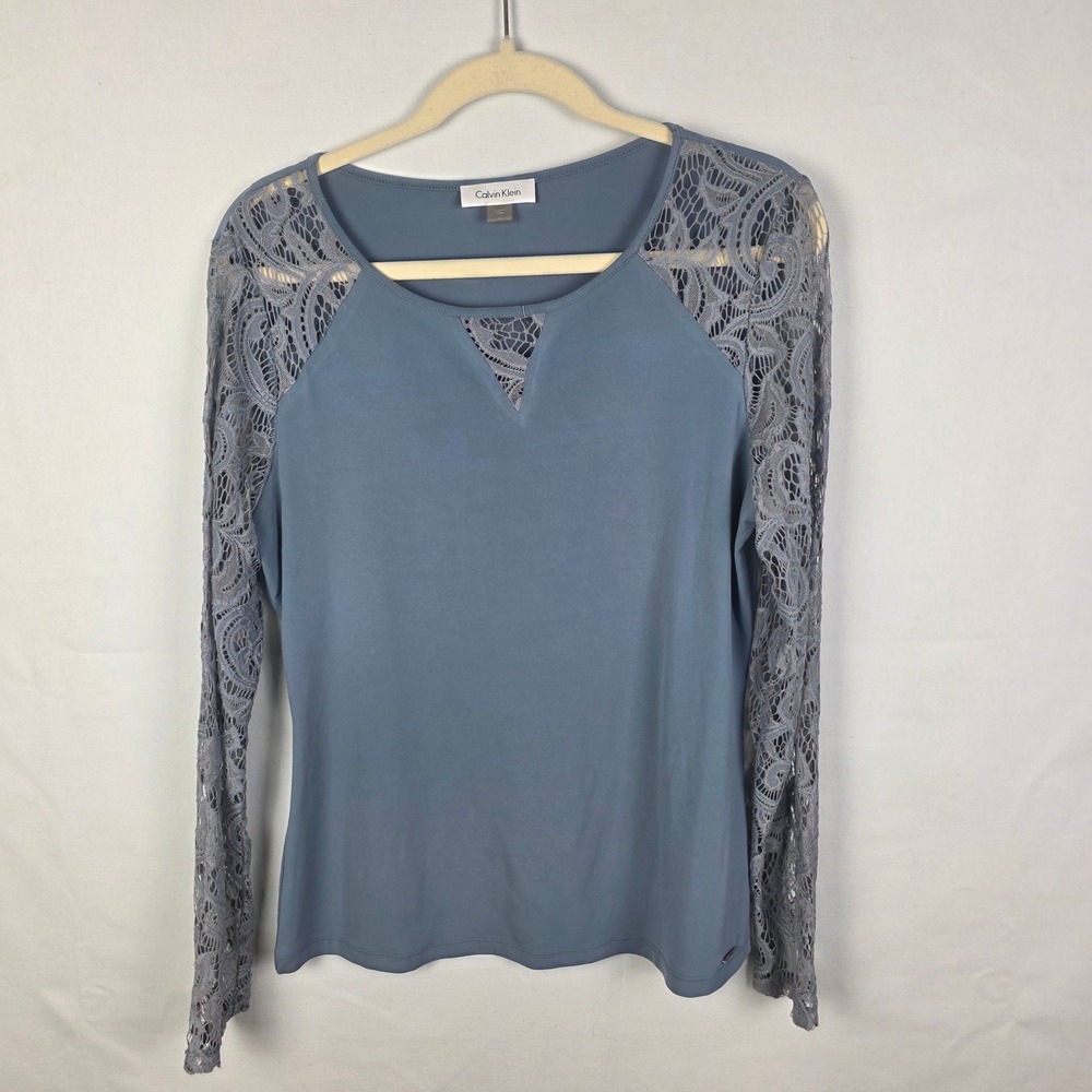 Calvin Klein Womens Blue Lace Sleeve V-Neck Long Sleeve Top M CD8TMO1A